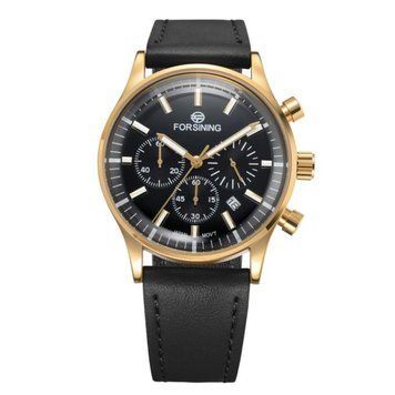 Чоловічий годинник Forsining 8311 Black-Gold з хронографом та шкіряним ремінцем 1059-0348 фото