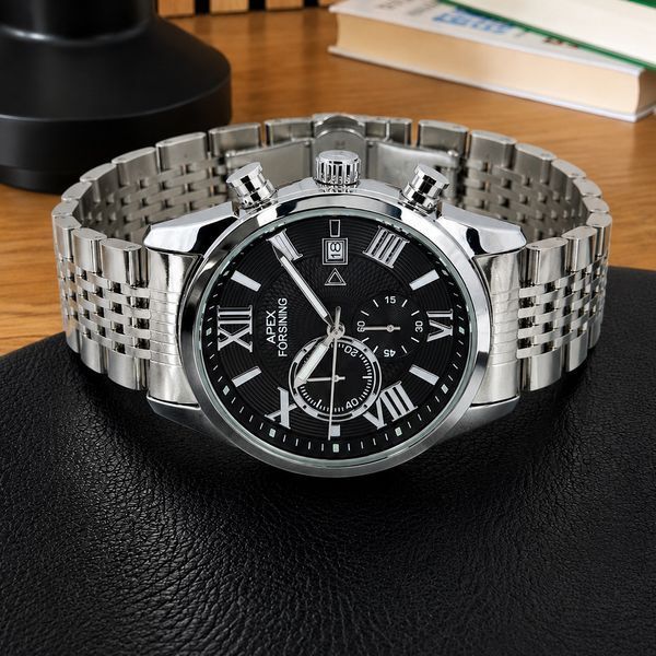 Чоловічий годинник Forsining 8304 Silver-Black Steel з хронографом та сталевим браслетом 1059-0350 фото