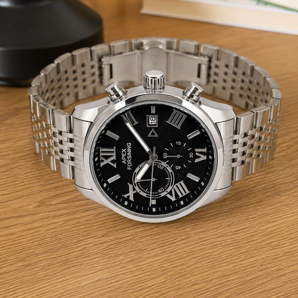 Чоловічий годинник Forsining 8304 Silver-Black Steel з хронографом та сталевим браслетом 1059-0350 фото