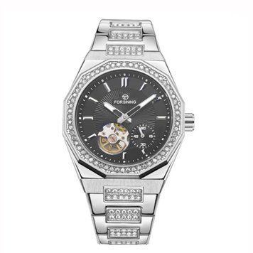 Механічний годинник Forsining 8313 Silver-Black Steel з автопідзаводом та сталевим браслетом 1059-0357 фото