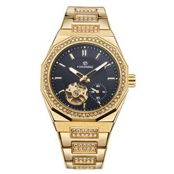 Механічний годинник Forsining 8313 Gold-Black Steel з автопідзаводом та сталевим браслетом 1059-0360 фото