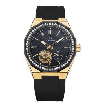 Чоловічий механічний годинник Forsining 8313 Black-Gold-Black з автопідзаводом та силіконовим ремінцем 1059-0361 фото