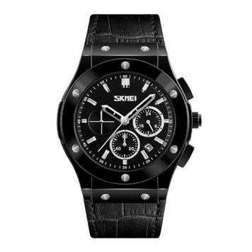 Чоловічий наручний годинник Skmei 9157BK Black leather з чорним шкіряним ремінцем та класичним дизайном 88414308025242 фото